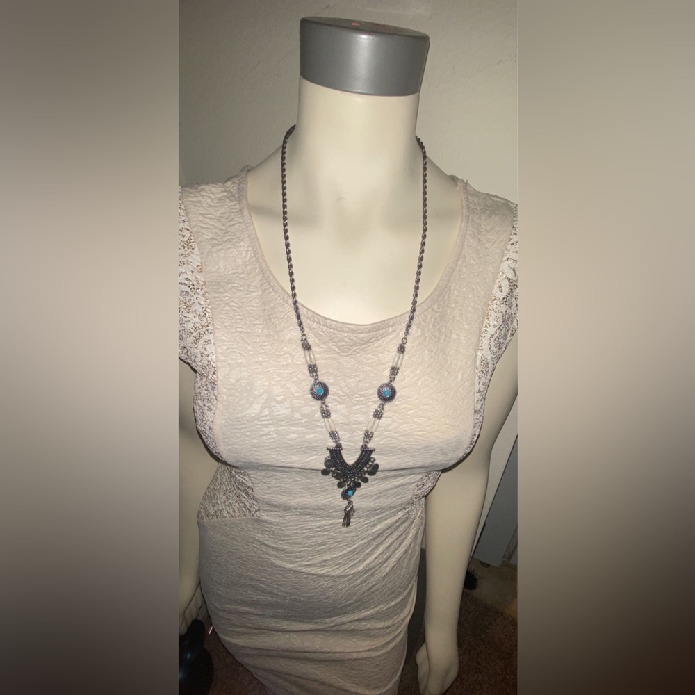 🌺🌸🌼NX9931 DESIGNER INSPIRED SILVER TONE METAL TASSEL GEMSTONE CHAIN NECKLACE
